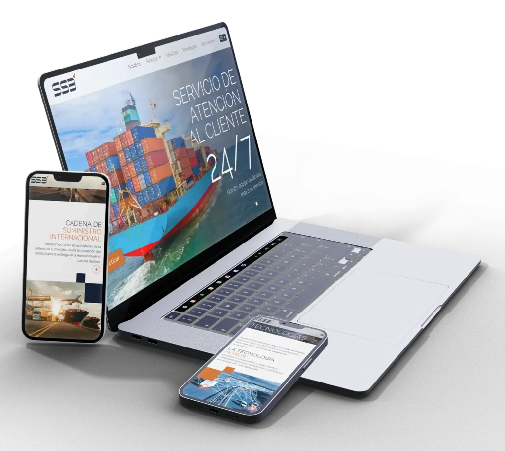 P&aacute;gina web responsive dise&ntilde;ada por Confetti para SSB, empresa de log&iacute;stica y cadena de suministro internacional, mostrada en port&aacute;til y m&oacute;vil