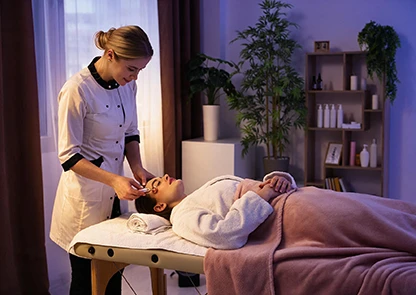Esteticista realizando un tratamiento facial a una clienta en un centro de estética