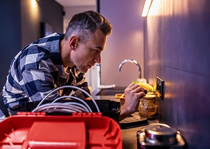 Fontanero reparando la instalación bajo el fregadero de una cocina