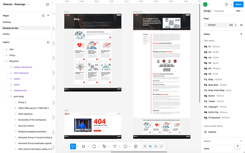 Archivo de Figma de una web dise&ntilde;ada por Confetti Digital, con las capas organizadas, las pantallas de blog y error 404, y el sistema de estilos de texto