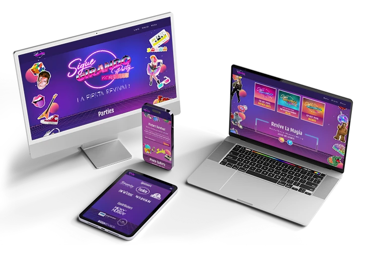 Web del evento tem&aacute;tico Sigue Girando Party dise&ntilde;ada por Confetti, en escritorio, tablet y m&oacute;vil