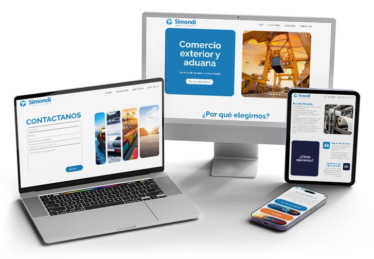 Web one page de Simondi, despachante de aduanas y comercio exterior, dise&ntilde;ada por Confetti y vista en escritorio, port&aacute;til, tablet y m&oacute;vil