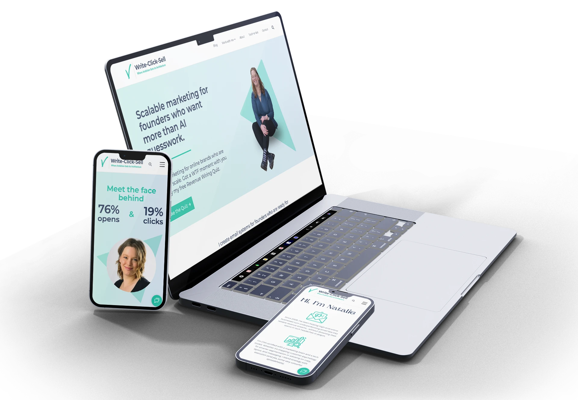 Web de marca personal de Write-Click-Sell, consultora de email marketing, dise&ntilde;ada por Confetti y vista en port&aacute;til y m&oacute;vil