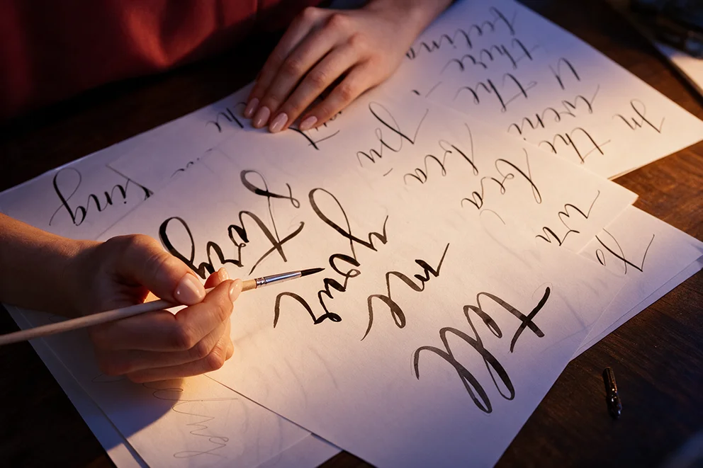 Mano escribiendo letras cursivas con pincel y tinta negra sobre hojas de práctica de caligrafía