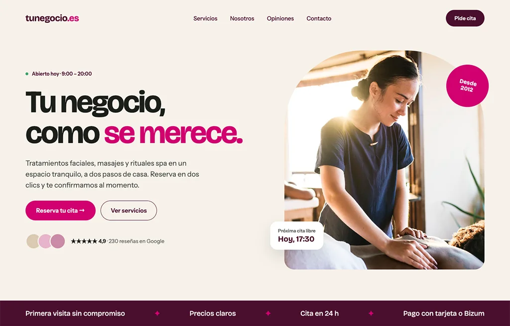 Captura de la homepage para escritorio de una web de ejemplo para un negocio de estética y spa, diseñado por Confetti Digital