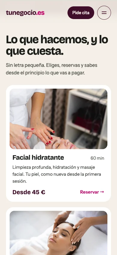 Captura de la homepage para mobile de una web de ejemplo para un negocio de estética y spa, diseñado por Confetti Digital