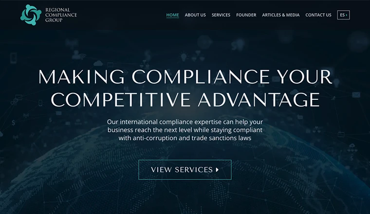 Captura del inicio de la homepage de la web de Regional Compliance Group, empresa de compliance internacional, dise&ntilde;ada por Confetti