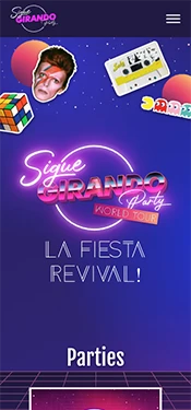 Captura del inicio de la homepage de la web de Sigue Girando Party, fiesta revival Argentina a nivel internacional, dise&ntilde;ada por Confetti