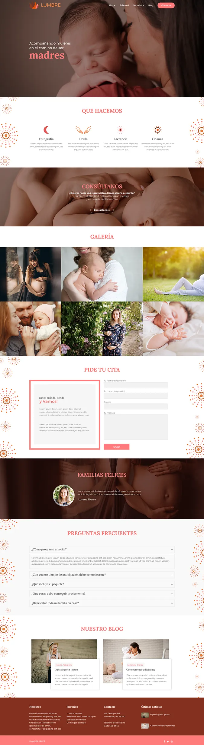 P&aacute;gina web responsive dise&ntilde;ada por Serlumbre, marca personal de acompa&ntilde;amiento para madres. Homepage completa