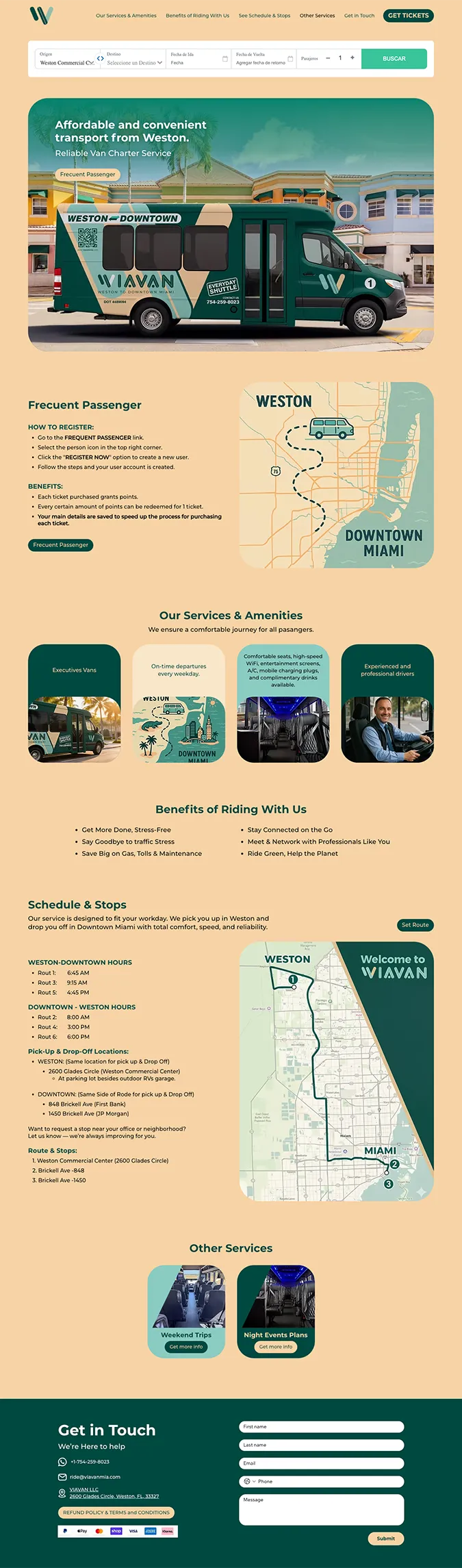 Onepage responsive dise&ntilde;ada por Confetti para Viavan, servicio de alquiler de furgonetas premium en Weston, Florida, Estados Unidos. Homepage completa