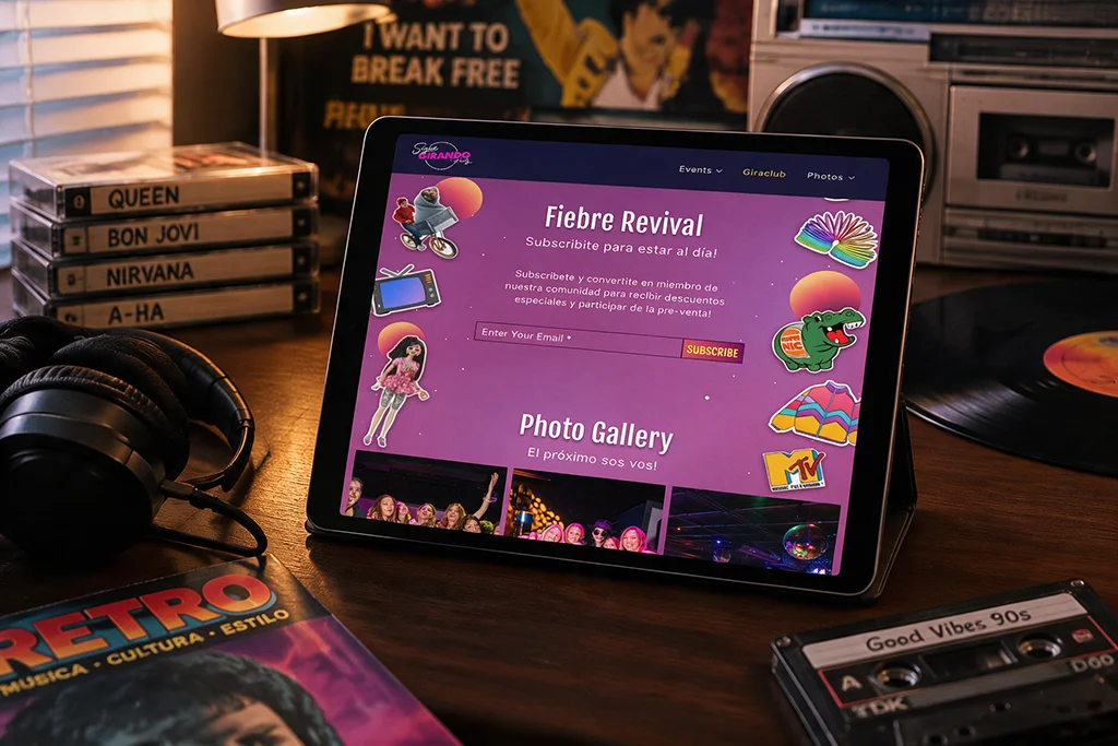 tablet mostrando la homepage de la web de Sigue Girando Party, fiesta revival Argentina a nivel internacional, diseñada por Confetti