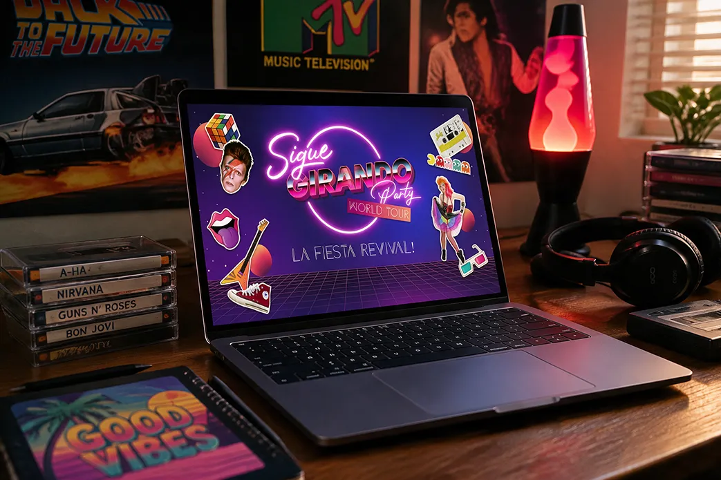 laptop mostrando la homepage de la web de Sigue Girando Party, fiesta revival Argentina a nivel internacional, dise&ntilde;ada por Confetti