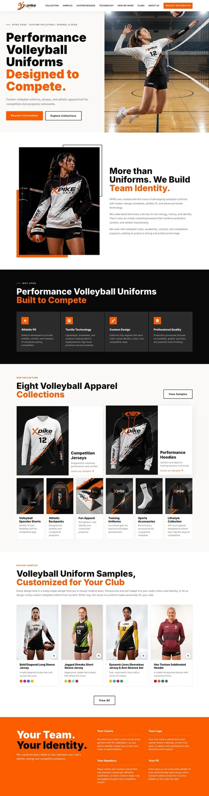 P&aacute;gina web responsive dise&ntilde;ada por Confetti para Xpike Gear, emprendimiento de fabricaci&oacute;n de uniformes deportivos para voleibol en Florida, Estados Unidos. Primera mitad de la homepage