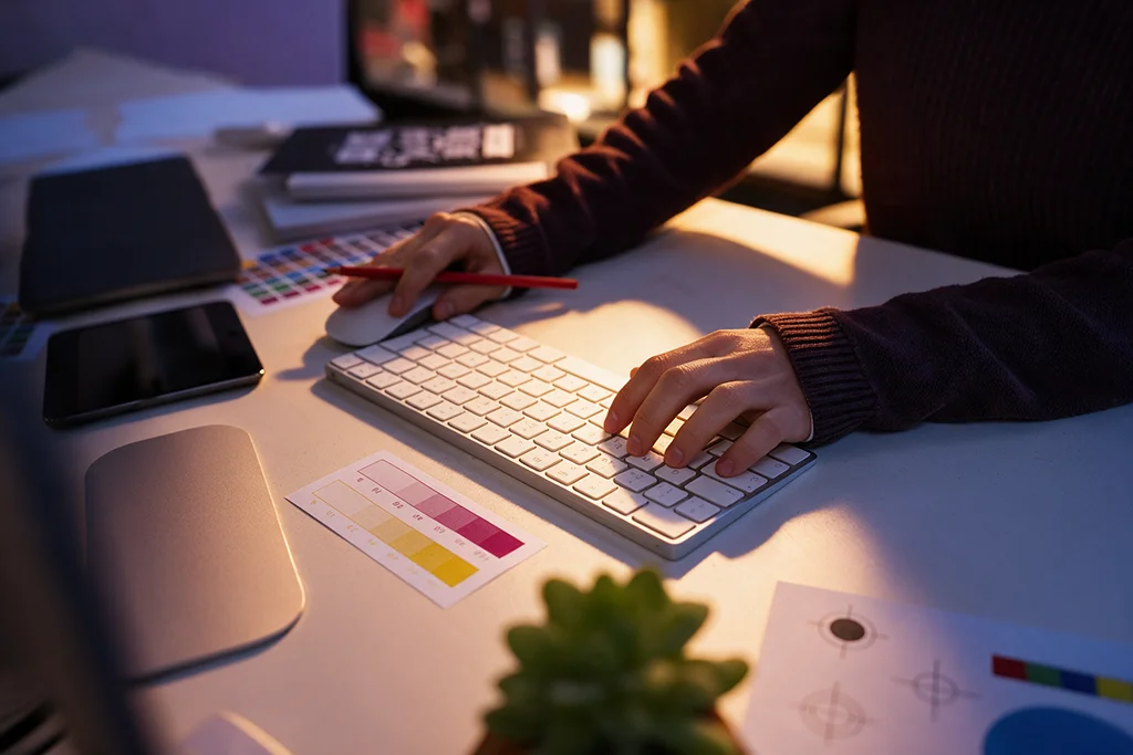 Persona trabajando con teclado y ratón en un escritorio con muestras de color, una tableta y hojas de prueba de impresión