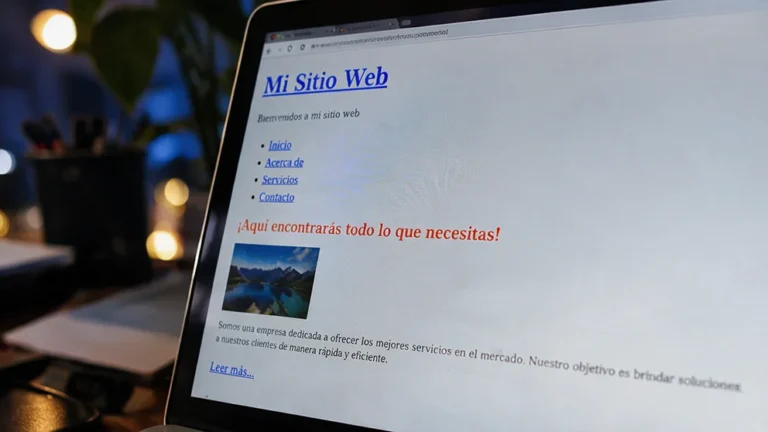 Laptop mostrando una p&aacute;gina web anticuada y gen&eacute;rica, con enlaces azules subrayados, un titular rojo y texto de relleno