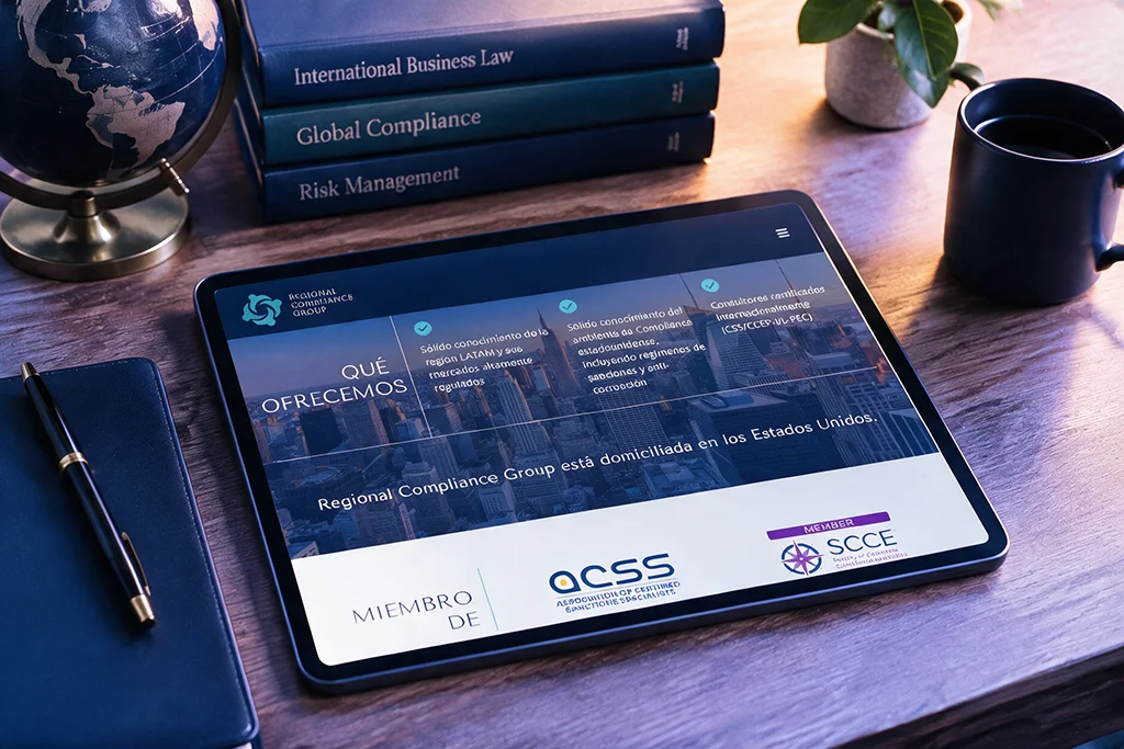 Secci&oacute;n Qu&eacute; ofrecemos de la web de Regional Compliance Group en una tablet, en espa&ntilde;ol