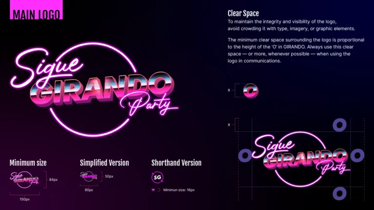Página del manual de marca de Sigue Girando Party mostrando los tamaños y proporciones recomendados para el uso del logotipo