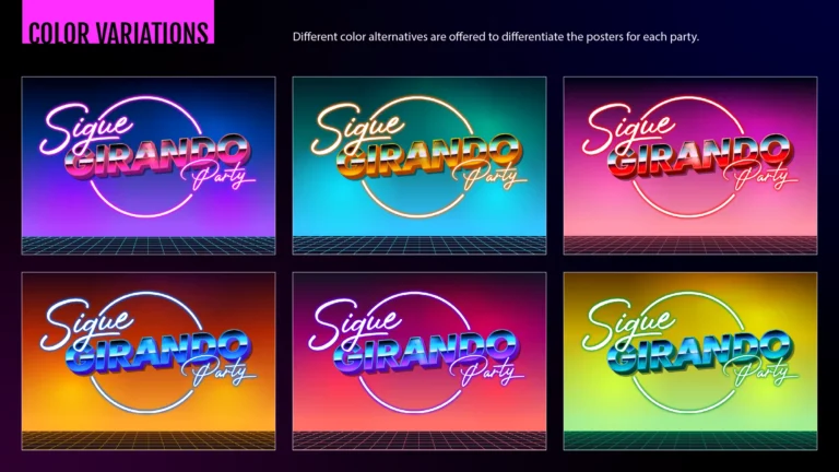 Variantes de color del logo de Sigue Girando Party, una para cada edición de la fiesta, con fondo y grilla a juego