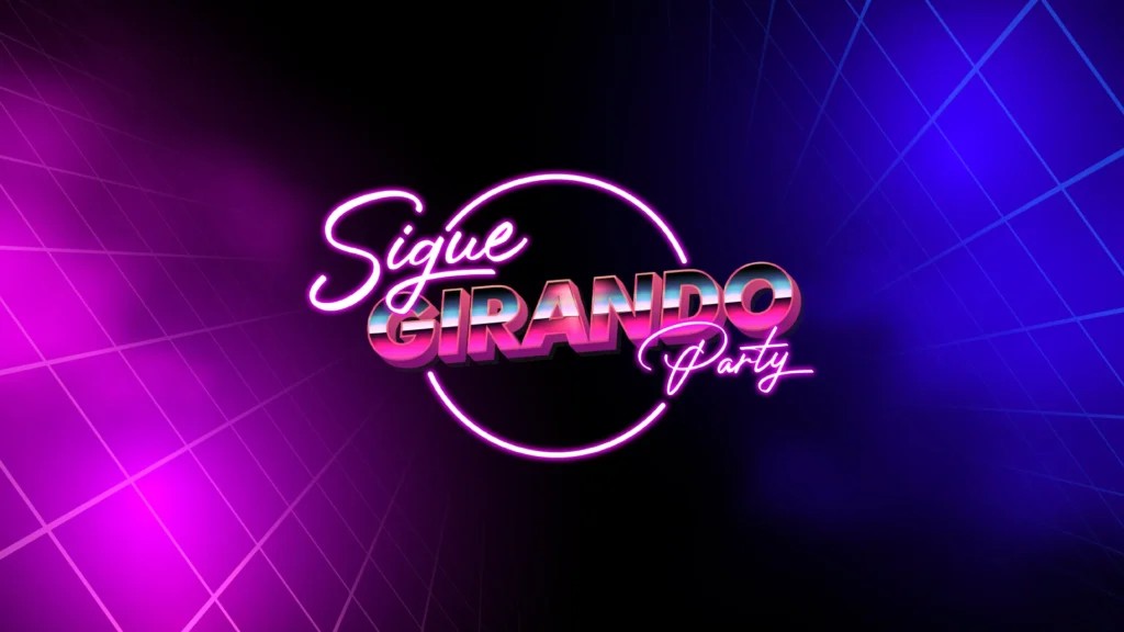 Logo de Sigue Girando Party en neón rosa y cromado sobre fondo oscuro con grid, diseñado por Confetti Digital