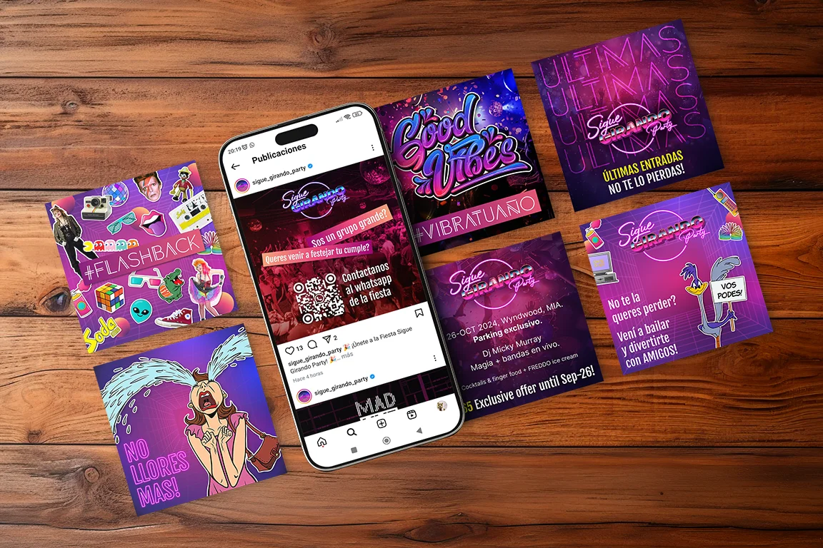 Montaje de teléfono mostrando una publicación de Instagram de Sigue Girando Party con otras publicaciones a su alrededor